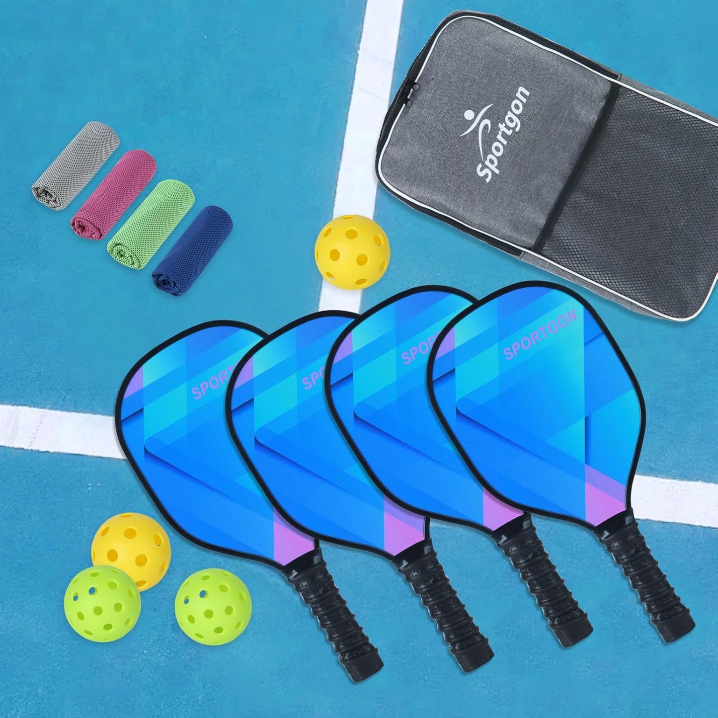 Pickleball Ball Paddles Set of 2 or 4 Premium Wood Paddles Cooling Towels Pickleball Balls Sportballs & Portable Carry Bag Gifts for Men Women Beginners