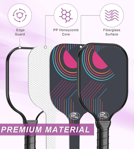 Pickleball Paddles, Fiberglass Pickleball Paddles Set of 2, Pickle Ball Rackets 2 Pack, Pickleball Equipment and Accessories Outdoor, Includes 4 Balls and Bag for Beginners, Pros, Adults