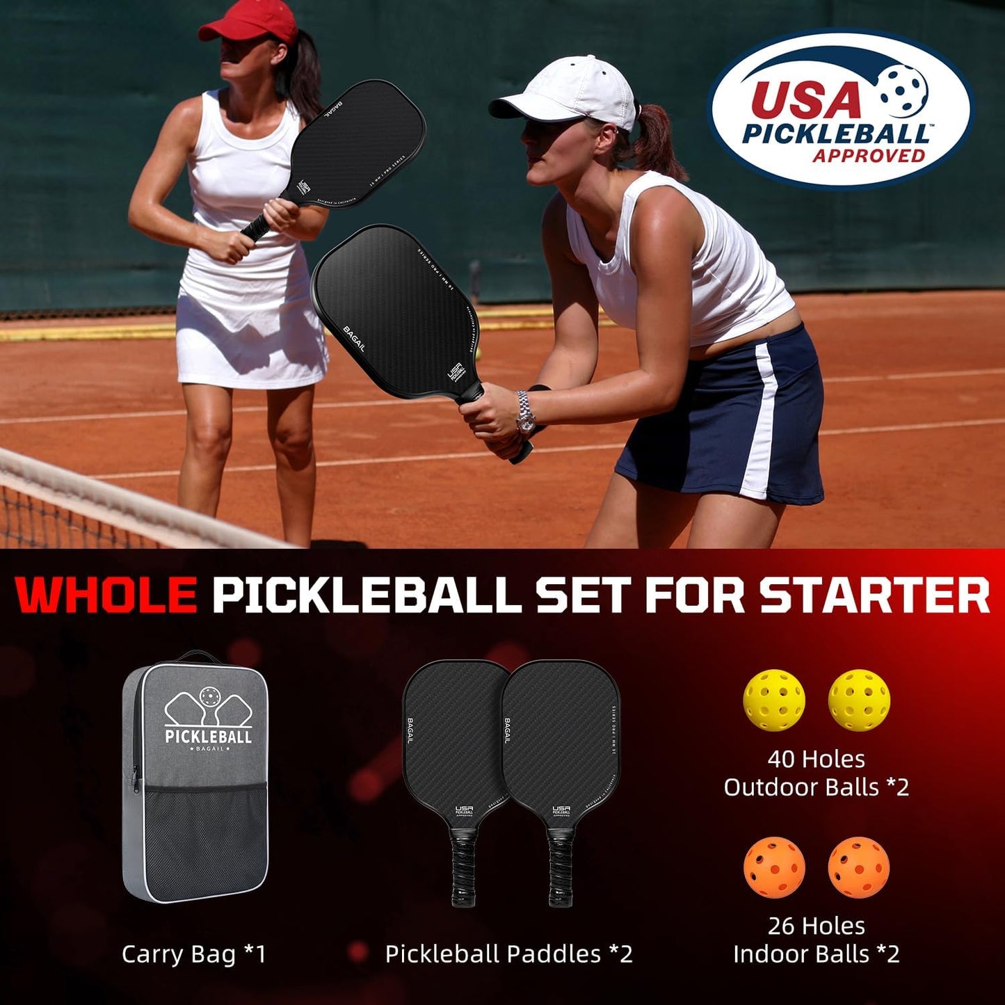 Pickleball Paddles, USAPA Approved Fiberglass Surface Pickleball Set, Lightweight Pickle Ball Rackets with 4 Balls, 1 Bag, Designed in California for Traction and Stability
