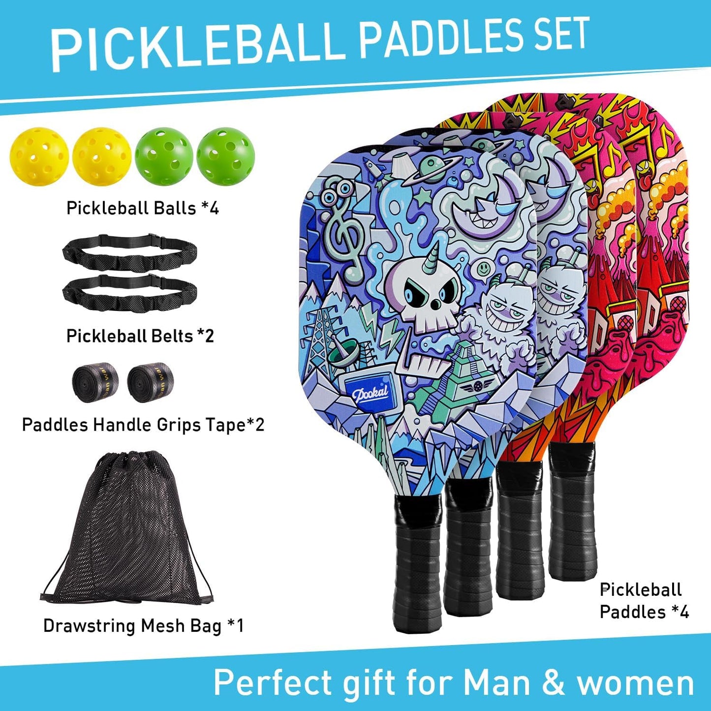 Pickleball Paddles Set of 4 with 4 Premium 9-Ply Basswood Paddles & 4 Pickleballs & 2 Handle Grips Tape & 2 Pickleball Belts & Carry Bag for Beginners Men Women Adults(New Version)