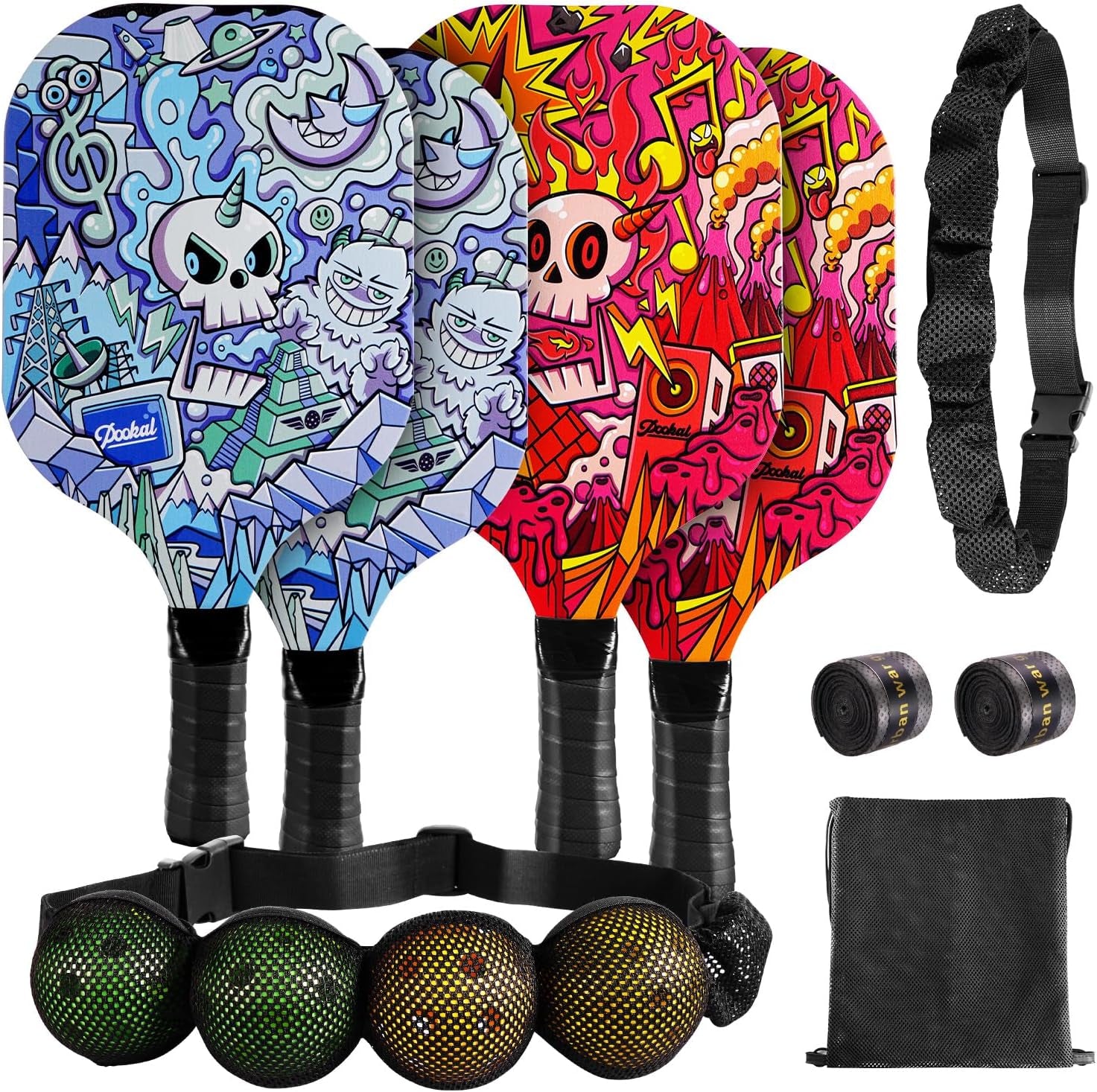 Pickleball Paddles Set of 4 with 4 Premium 9-Ply Basswood Paddles & 4 Pickleballs & 2 Handle Grips Tape & 2 Pickleball Belts & Carry Bag for Beginners Men Women Adults(New Version)