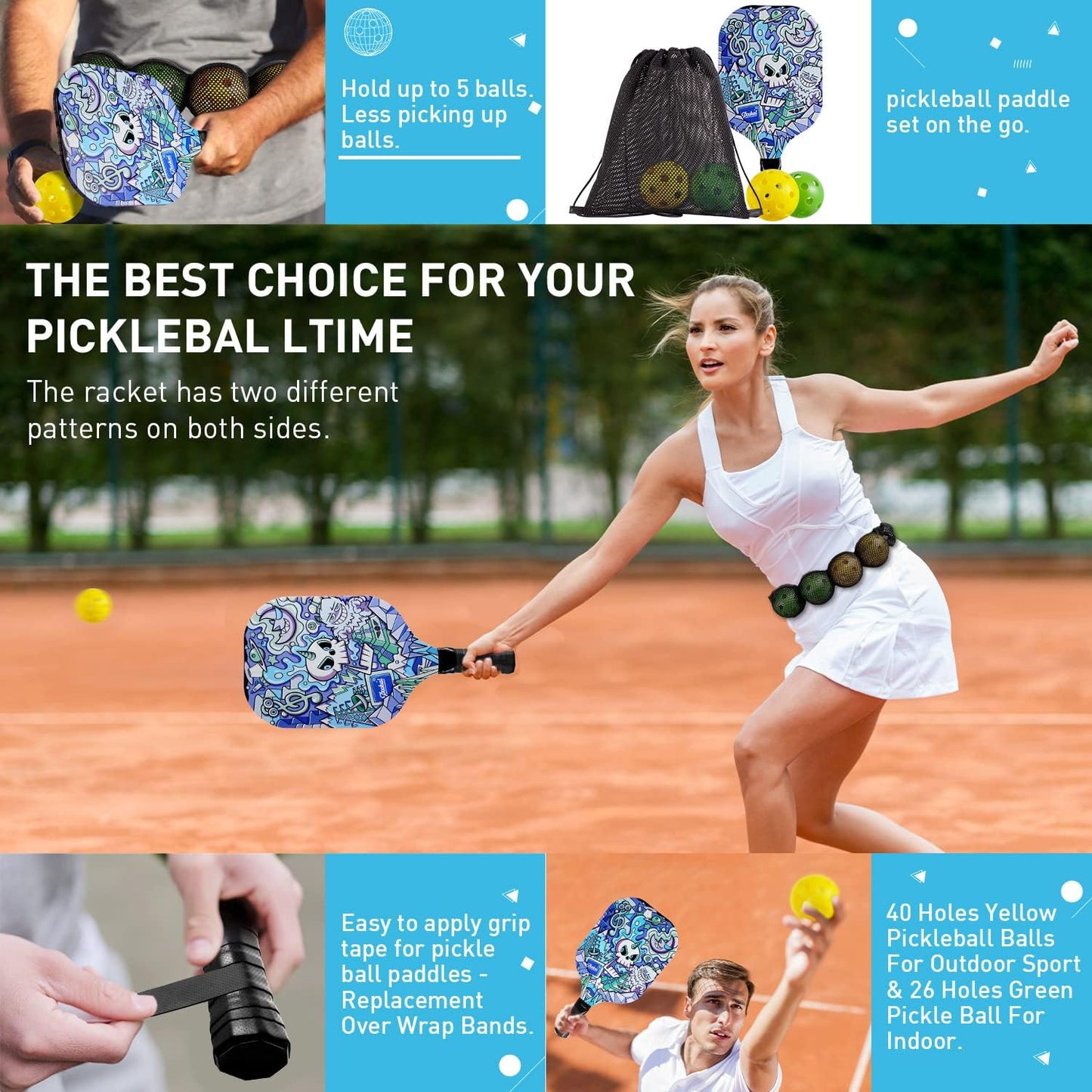 Pickleball Paddles Set of 4 with 4 Premium 9-Ply Basswood Paddles & 4 Pickleballs & 2 Handle Grips Tape & 2 Pickleball Belts & Carry Bag for Beginners Men Women Adults(New Version)