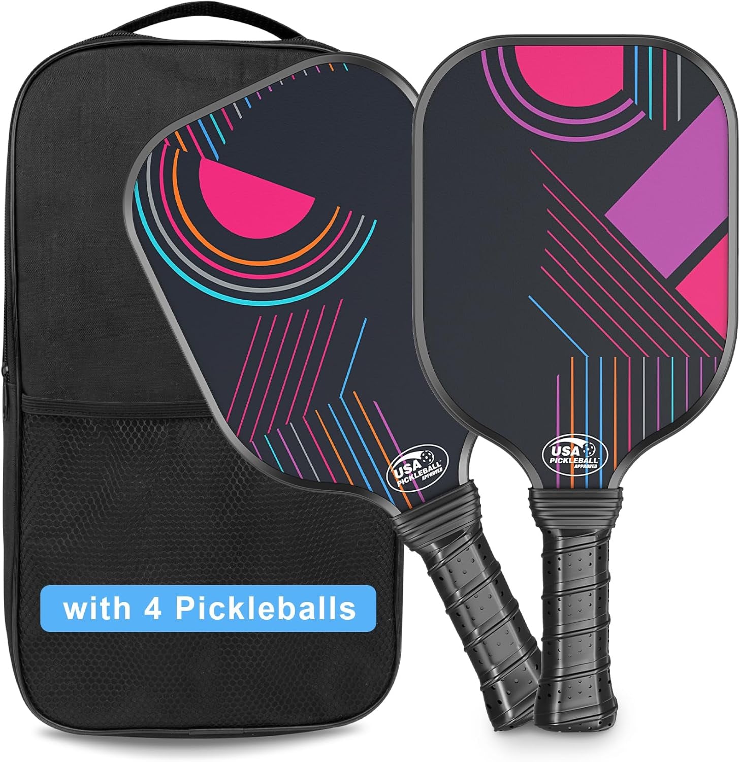 Pickleball Paddles, Fiberglass Pickleball Paddles Set of 2, Pickle Ball Rackets 2 Pack, Pickleball Equipment and Accessories Outdoor, Includes 4 Balls and Bag for Beginners, Pros, Adults